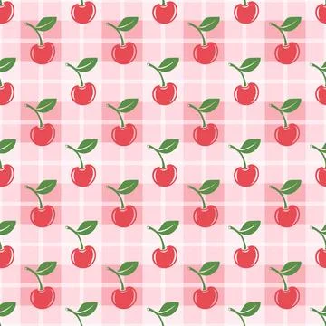 Vector Seamless Pattern with Cutout Cherry. Single, Pair of Cherries and Cluster Stock Illustration
