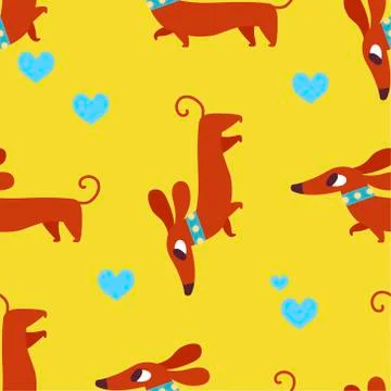 Vector seamless pattern with dachshund and hearts. Vector Stock Illustration