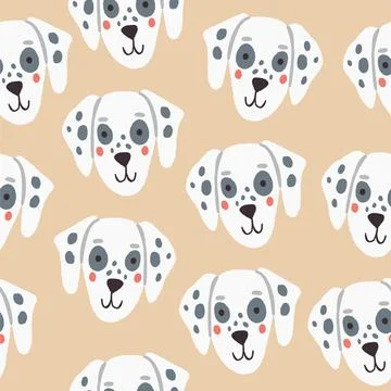 Vector seamless pattern with dalmatian dog faces on beige background Illustrazione stock