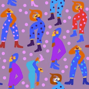 Vector seamless pattern with dancing disco people wearing colorful clothes, 80s Stock Illustration