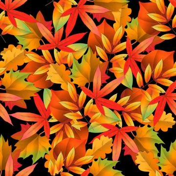 Vector seamless pattern on dark background with red and yellow autumn leaves. Stock Illustration