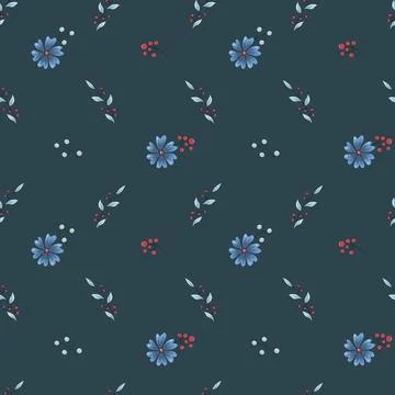Vector seamless pattern of dark blue flowers, blue leaves and red berries Stock Illustration