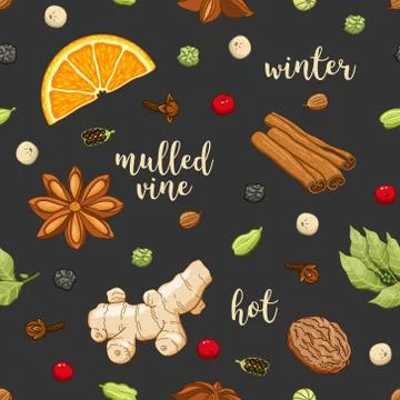 Vector seamless pattern on dark with mulled wine Stock Illustration