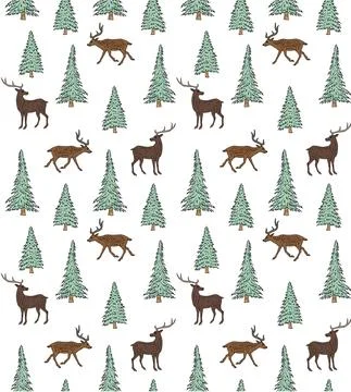 Vector seamless pattern of deer and spruce Stock Illustration