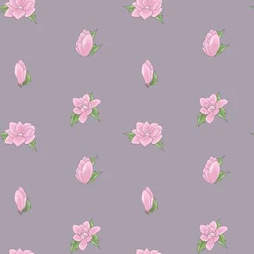 Vector seamless pattern of delicate pink flowers and green leaves Stock Illustration