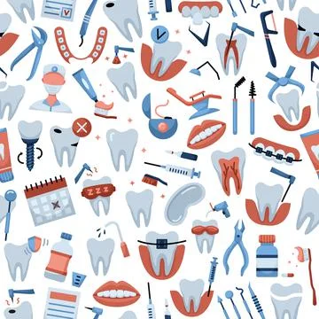 Vector seamless pattern with dentistry icons. Dental background Illustrazione stock