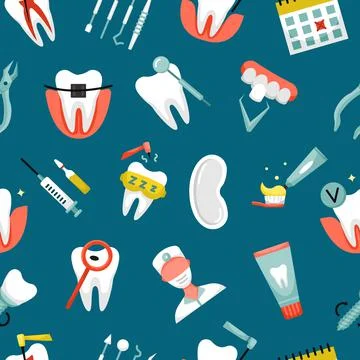 Vector seamless pattern with dentistry icons. Dental background 스톡 일러스트