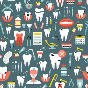 Vector seamless pattern with dentistry icons. Dental background 스톡 일러스트