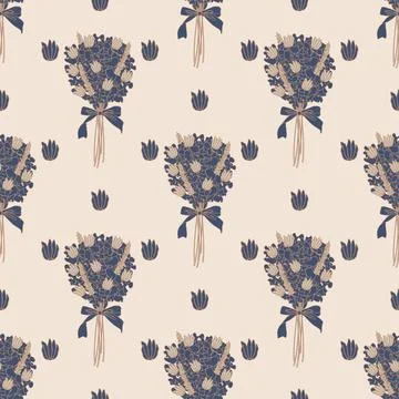 Vector seamless pattern depicting a bouquet of dried flowers with a bow Stock Illustration