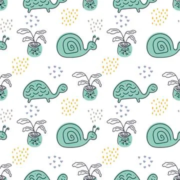Vector seamless pattern design for kids. Isolated turtles, snails and plants Stock Illustration