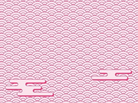 Vector seamless pattern design of waves with pink clouds in Japanese style 库存插图