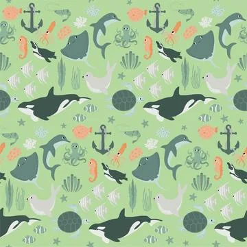 Vector seamless pattern with devil fish,orca,turtle,octopus,shrimp,seahorse Stock Illustration