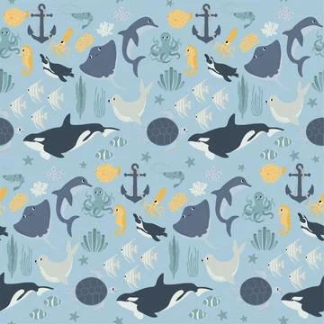 Vector seamless pattern with devil fish,orca,turtle,octopus,shrimp,seahorse Stock Illustration