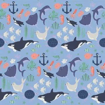 Vector seamless pattern with devil fish,orca,turtle,octopus,shrimp,seahorse Stock Illustration