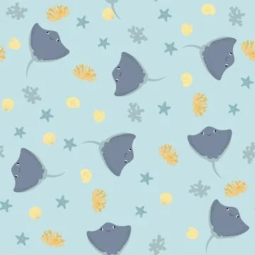 Vector seamless pattern with devilfish, starfish, algae.Underwater cartoon Illustrazione stock