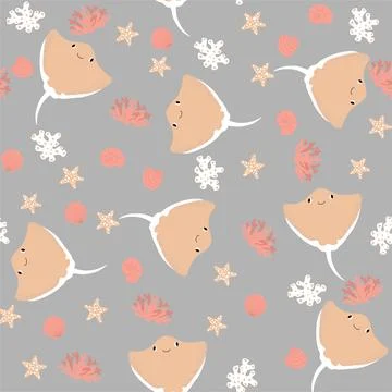 Vector seamless pattern with devilfish, starfish, algae.Underwater cartoon Illustrazione stock