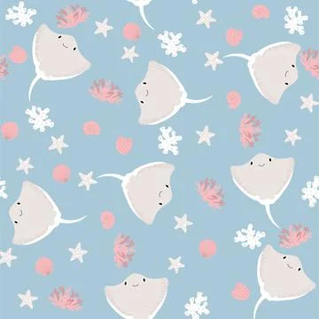 Vector seamless pattern with devilfish, starfish, algae.Underwater cartoon 库存插图