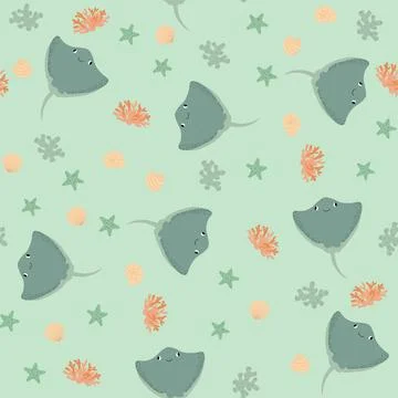 Vector seamless pattern with devilfish, starfish, algae.Underwater cartoon Stockillustratie