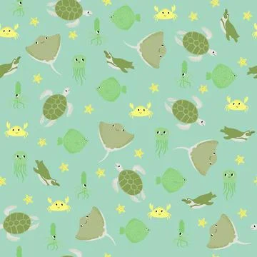 Vector seamless pattern with devilfish,crab,jellyfish,flounder,squid,penguin Stock Illustration