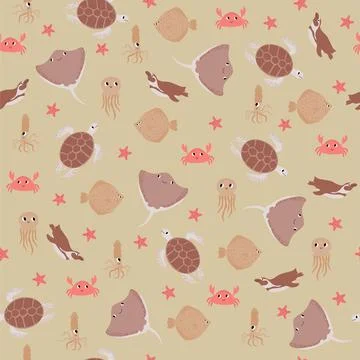 Vector seamless pattern with devilfish,crab,jellyfish,flounder,squid,penguin Stock Illustration
