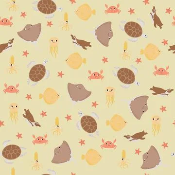 Vector seamless pattern with devilfish,crab,jellyfish,flounder,squid,penguin Stock Illustration