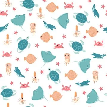 Vector seamless pattern with devilfish,crab,jellyfish,flounder,squid,penguin 스톡 일러스트