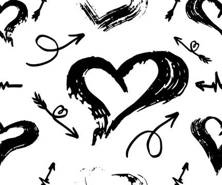 Vector seamless pattern with different arrows and hearts, black on white. Han Stock Illustration