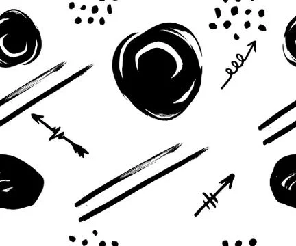 Vector seamless pattern with different arrows, line, circles, black on white. Stock Illustration