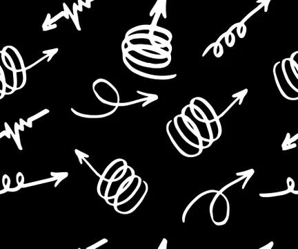 Vector seamless pattern with different arrows, white on black. Hand drawn. Ve Illustrazione stock