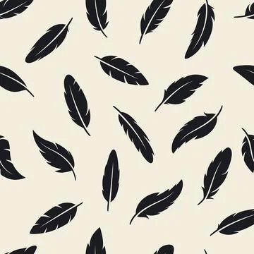 Vector Seamless Pattern with Different Black Fluffy Feather Silhouettes on White Illustrazione stock