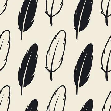 Vector Seamless Pattern with Different Black Fluffy Feather Silhouettes on White Illustrazione stock