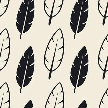 Vector Seamless Pattern with Different Black Fluffy Feather Silhouettes on White Stock Illustration