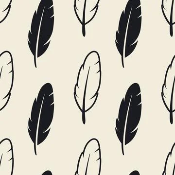 Vector Seamless Pattern with Different Black Fluffy Feather Silhouettes on White Stock Illustration