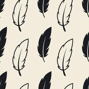 Vector Seamless Pattern with Different Black Fluffy Feather Silhouettes on White Stock Illustration