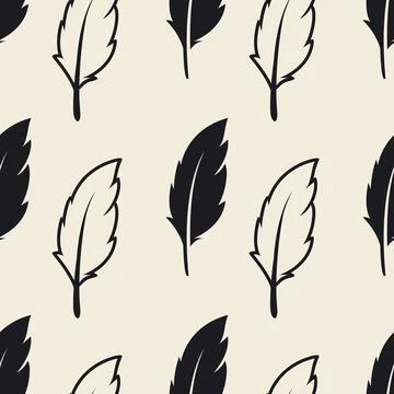 Vector Seamless Pattern with Different Black Fluffy Feather Silhouettes on White Stock Illustration