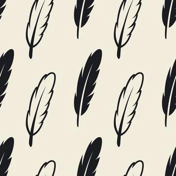 Vector Seamless Pattern with Different Black Fluffy Feather Silhouettes on White Stock Illustration