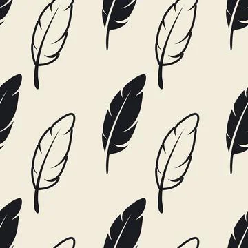 Vector Seamless Pattern with Different Black Fluffy Feather Silhouettes on White Stock Illustration