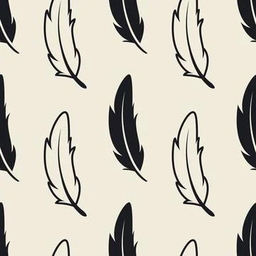 Vector Seamless Pattern with Different Black Fluffy Feather Silhouettes on White Illustrazione stock