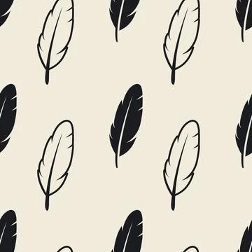 Vector Seamless Pattern with Different Black Fluffy Feather Silhouettes on White Illustrazione stock