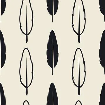 Vector Seamless Pattern with Different Black Fluffy Feather Silhouettes on White Stock Illustration