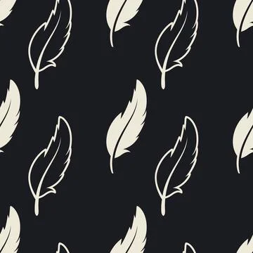 Vector Seamless Pattern with Different Black Fluffy Feather Silhouettes on White Stock Illustration