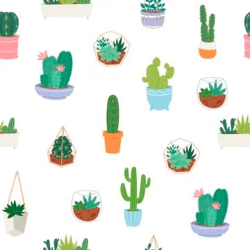 Vector seamless pattern with different cactus, green plants in pottery and 스톡 일러스트