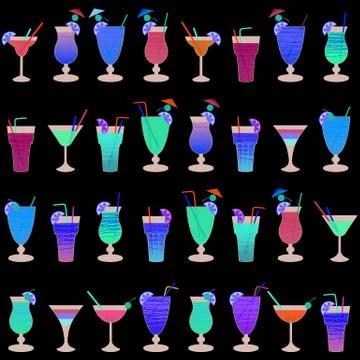 Vector seamless pattern with different colorful cocktails. Stock Illustration