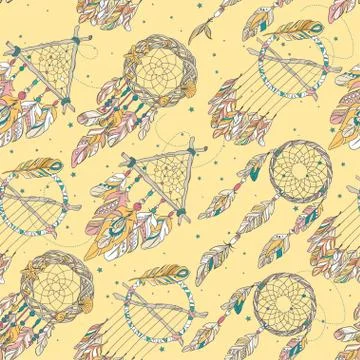 Vector Seamless Pattern with Different Dream Catcher Amulet.Can 스톡 일러스트