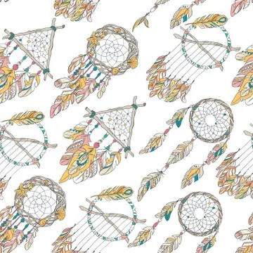 Vector Seamless Pattern with Different Dream Catcher Amulet.Can Stock Illustration