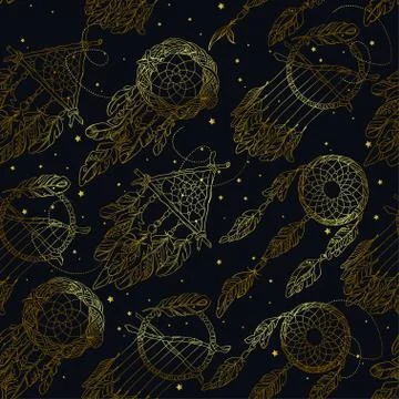 Vector Seamless Pattern with Different Dream Catcher Amulet.Can Illustrazione stock