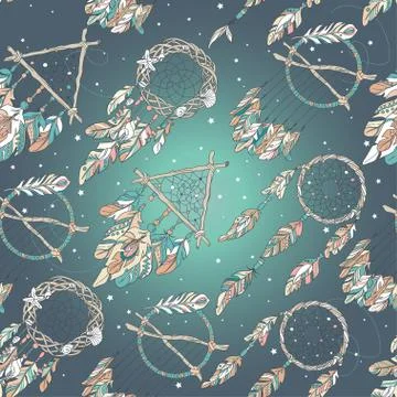 Vector Seamless Pattern with Different Dream Catcher Amulet. Can Stock Illustration