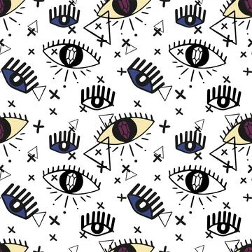 Vector seamless pattern with different eyes and shapes. Hand drawn Stock Illustration