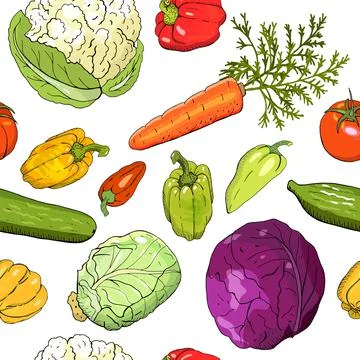 Vector seamless pattern with different fresh vegetables isolate on white. Stock Illustration