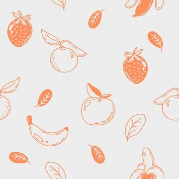 Vector seamless pattern of a different fruits and berries drawn in doodle sty Stock Illustration